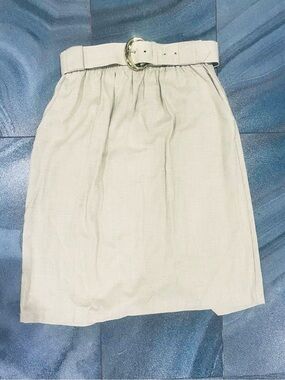 Beige Linen Rayon Vintage Knee Length Belted Skirt